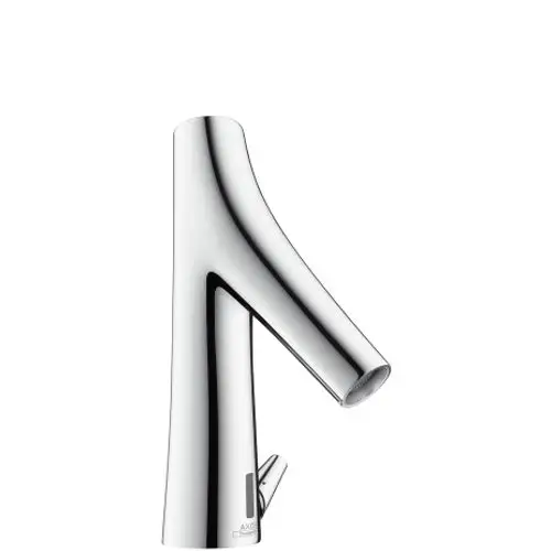 Elektronischer Waschtischmischer von AXOR mit ergonomischem Design und Temperaturregulierung, in glänzendem Chrom-Finish.